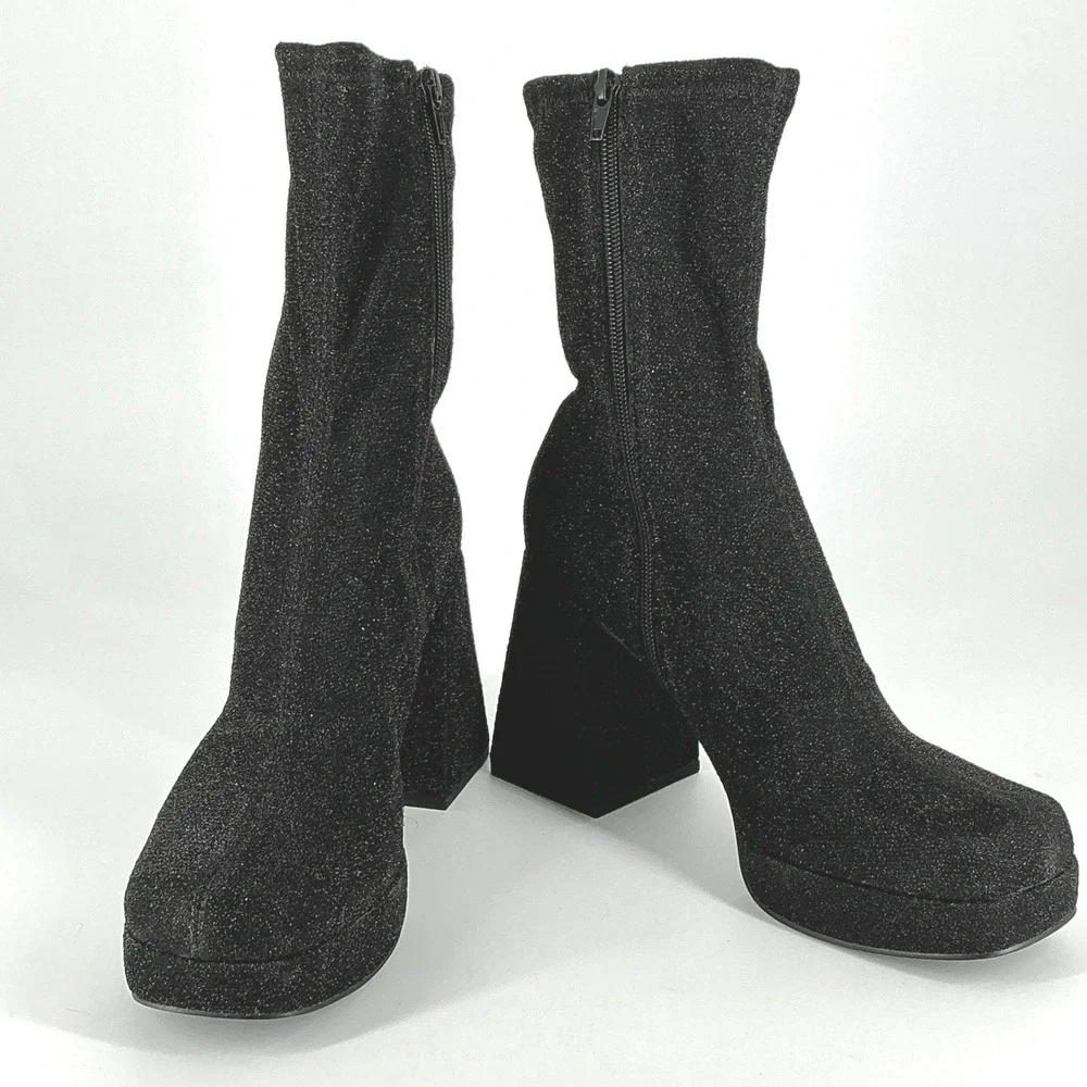 Abound Size 9 Black Glitter Platform Block Heel Sock Boots Square Toe
